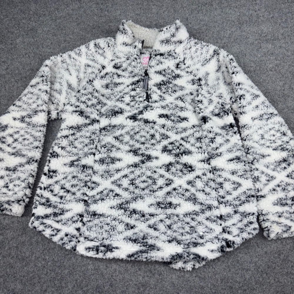 Cozy Sherpa Pullover Womens Large Black White Diamond Geometric Quarter Zip Soft